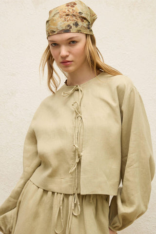 Linen Lace-Up Blouse Sage