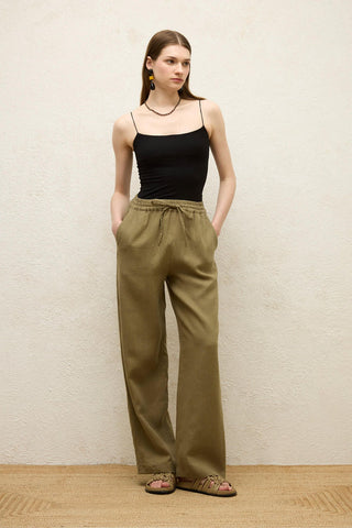 Relaxed Linen Pants With Pockets Khaki