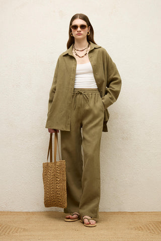 Linen Oversize Buttoned Shirt Khaki