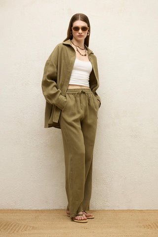 Linen Oversize Buttoned Shirt Khaki