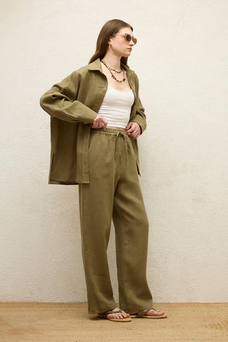 Linen Oversize Buttoned Shirt Khaki