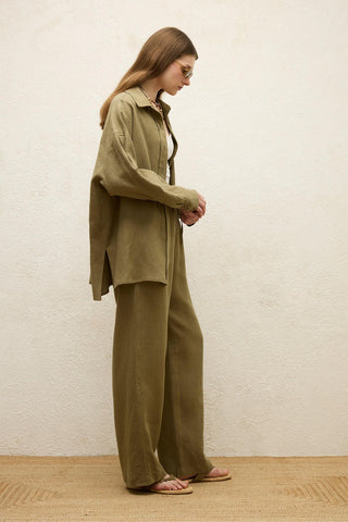 Linen Oversize Buttoned Shirt Khaki