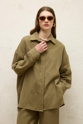 Linen Oversize Buttoned Shirt Khaki