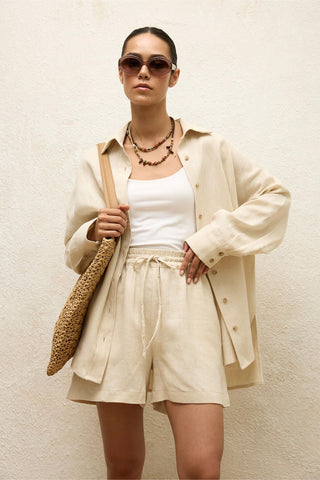 Linen Oversize Buttoned Shirt Beige