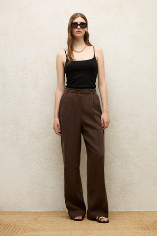 Linen Palazzo Trousers Dark Brown