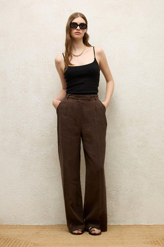 Linen Palazzo Trousers Dark Brown