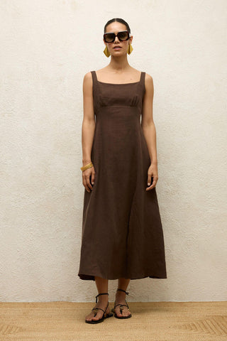 Linen Dress With Slit Dark Brown