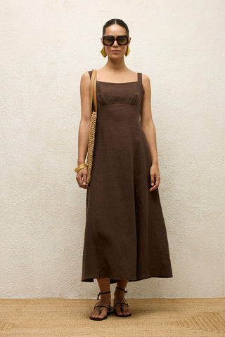 Linen Dress With Slit Dark Brown