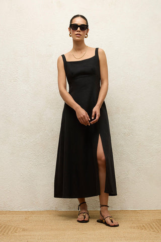 Linen Dress With Slit Black