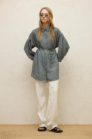 Patterned Viscose Belt Shirt Crispy Flower Indigo
