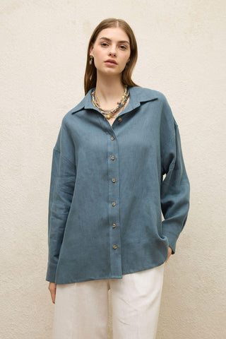 Linen Oversize Buttoned Shirt Indigo