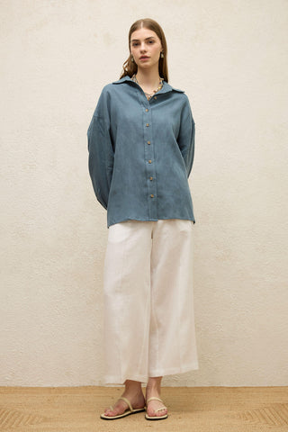 Linen Oversize Buttoned Shirt Indigo