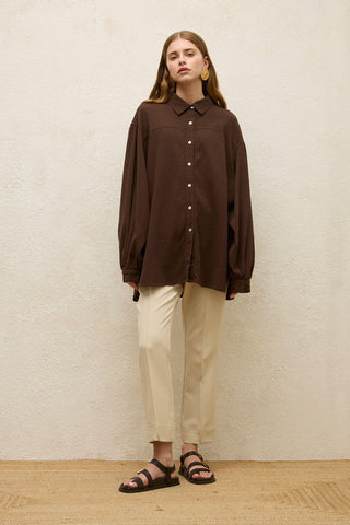 Cotton Balloon Sleeve Shirt Brown