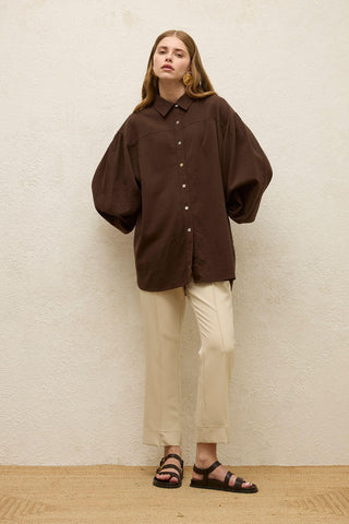 Cotton Balloon Sleeve Shirt Brown