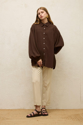 Cotton Balloon Sleeve Shirt Brown