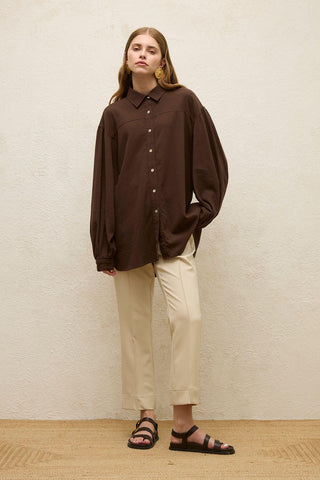 Cotton Balloon Sleeve Shirt Brown