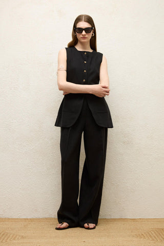 Linen Buttoned Vest Black