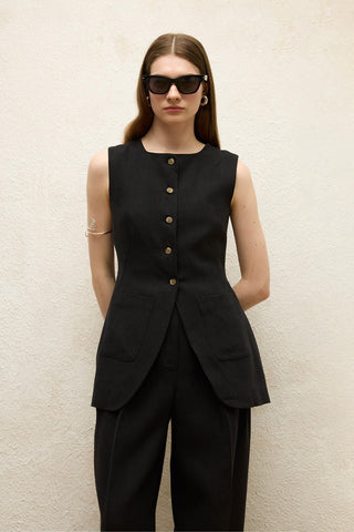 Linen Buttoned Vest Black