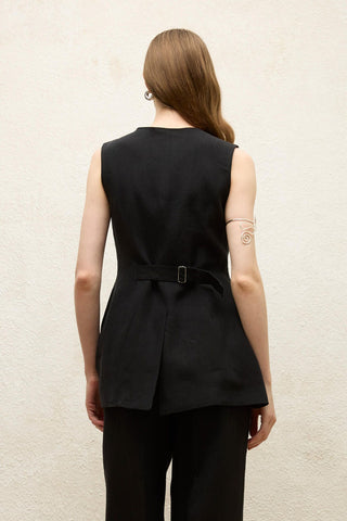 Linen Buttoned Vest Black