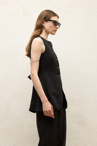 Linen Buttoned Vest Black