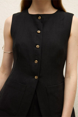 Linen Buttoned Vest Black