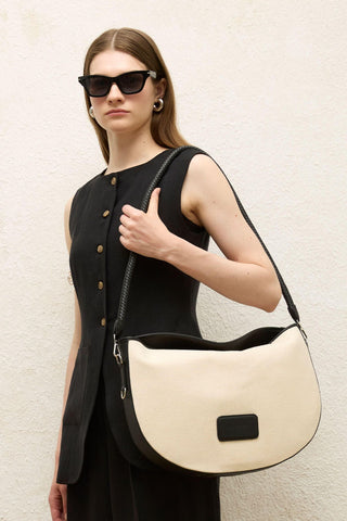 Natural Canvas Oval Bag Black