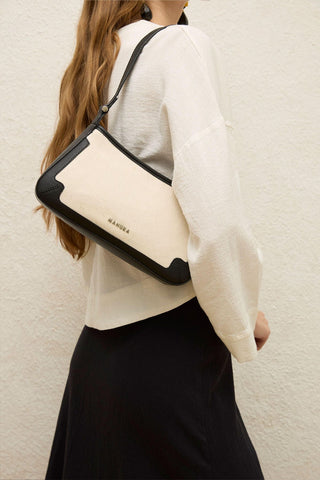 Leather Detail Canvas Shoulder Bag Black