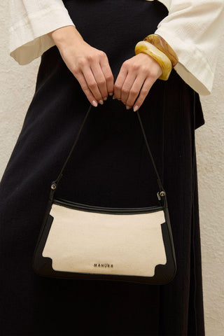 Leather Detail Canvas Shoulder Bag Black