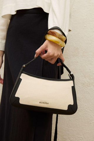 Faux Leather Detail Canvas Shoulder Bag Black