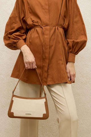 Leather Detail Canvas Shoulder Bag Camel