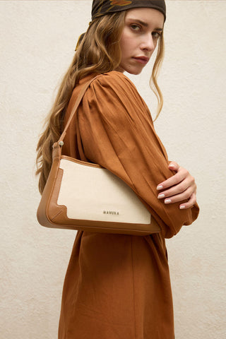 Faux Leather Detail Canvas Shoulder Bag Camel