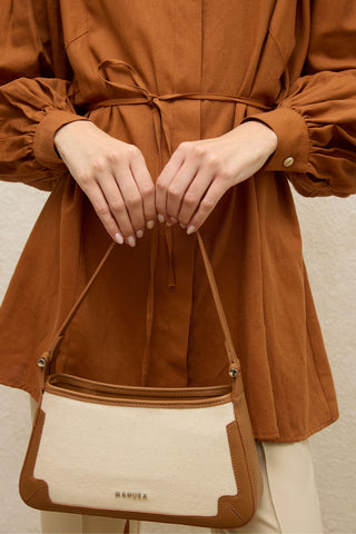 Faux Leather Detail Canvas Shoulder Bag Camel