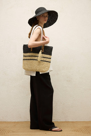 Striped Straw Shoulder Bag Black