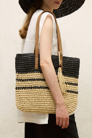 Striped Straw Shoulder Bag Black