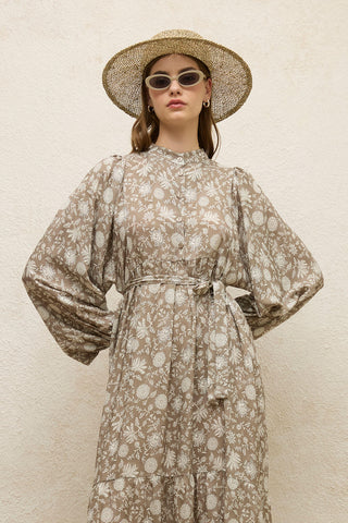 Viscose Balloon Sleeve Dress Ethnic Mink