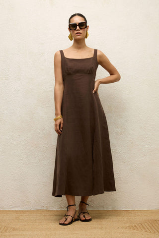 Linen Dress With Slit Dark Brown