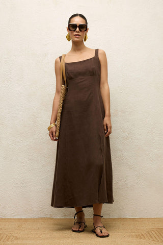 Linen Dress With Slit Dark Brown