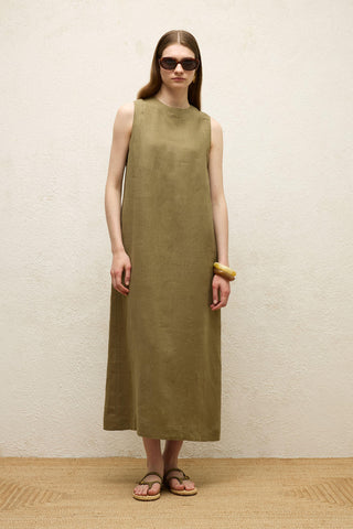 Sleeveless Linen Relaxed Dress Khaki