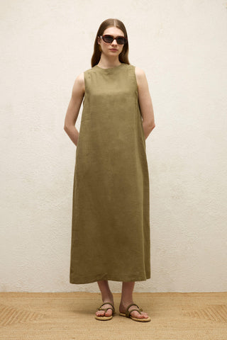 Sleeveless Linen Relaxed Dress Khaki