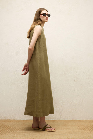 Sleeveless Linen Relaxed Dress Khaki