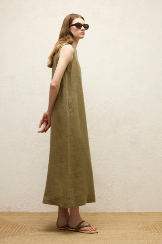 Sleeveless Linen Relaxed Dress Khaki