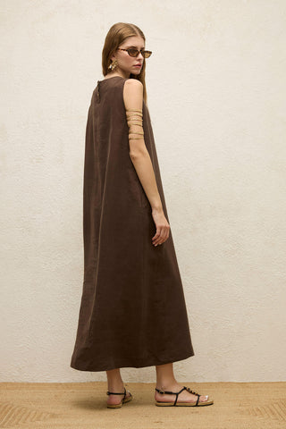 Sleeveless Linen Relaxed Dress Dark Brown