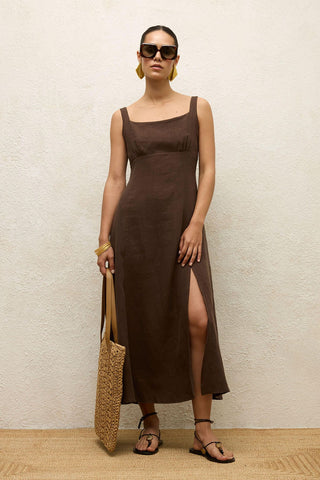 Linen Dress With Slit Dark Brown