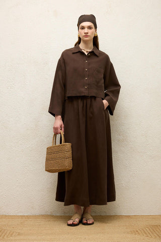 Loose Fit Linen Skirt Dark Brown