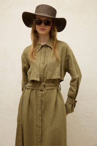 Linen Trench Style Dress Khaki