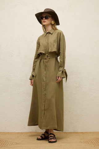 Linen Trench Style Dress Khaki