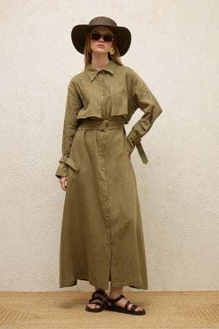 Linen Trench Style Dress Khaki