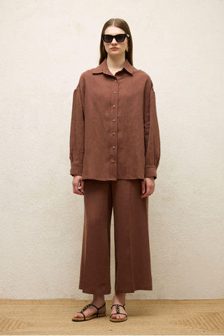 Linen Oversize Buttoned Shirt Bark Brown