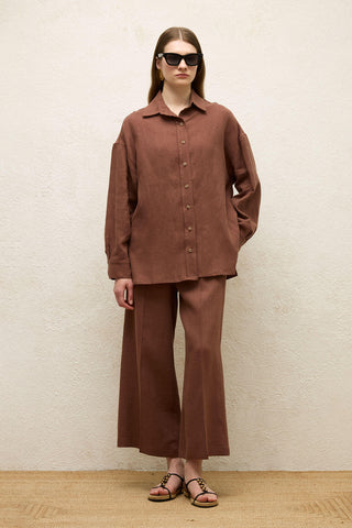 Linen Oversize Buttoned Shirt Bark Brown