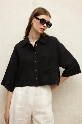 Linen Short Sleeve Crop Shirt Black